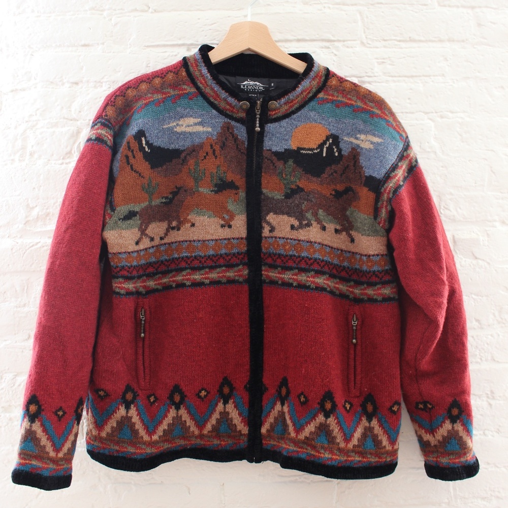 Icelandic Wool Desert Cactus Horse Cardigan - Sz M